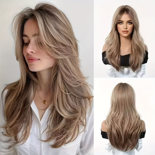 Women's Curly Hair Gray Brown Big Wave Layered Long Straight Wig