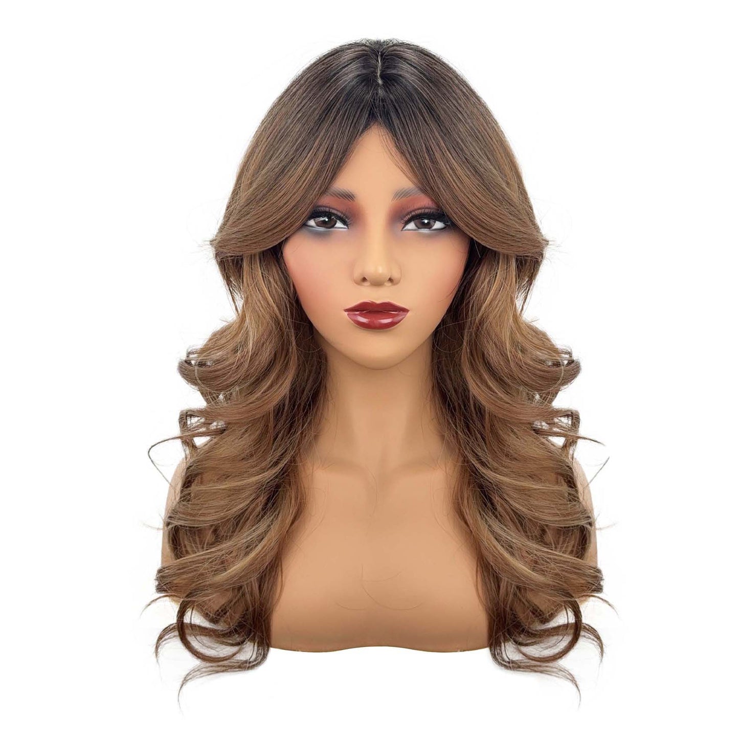 Gradient Brown Fashion Bangs Mid-length Natural Curly Wig Long Curls