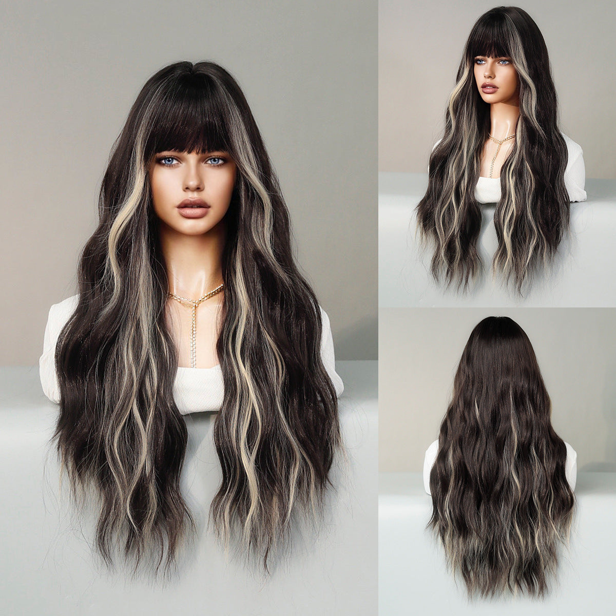 Women's Hair Sier Gray Highlight Full Head Big Wave Wig Long Curls