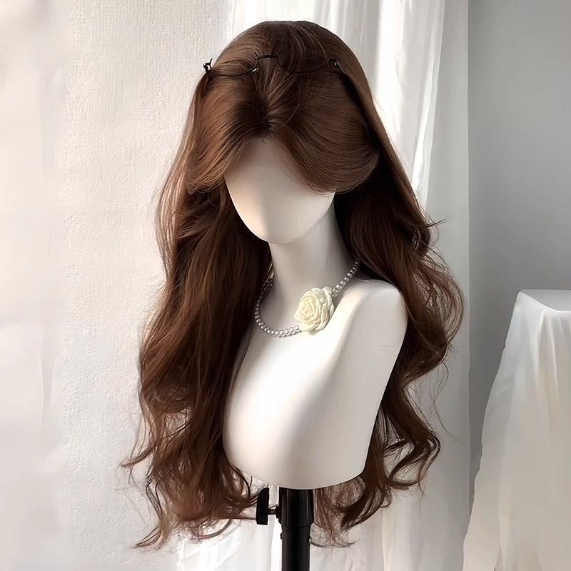 Female Natural Big Wave Bangs Medium Points Fluffy Curly Hair Wig Long Curls