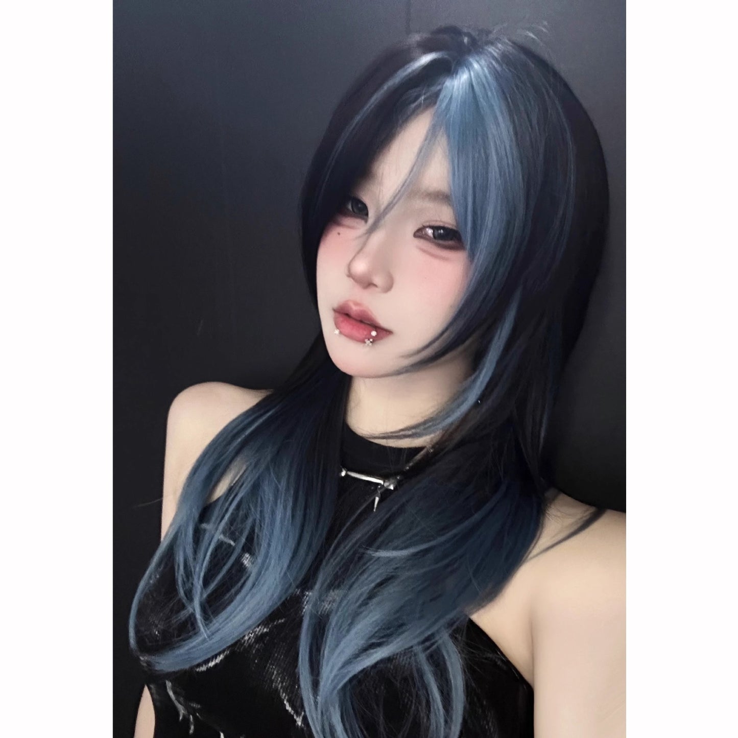 Women's Gradient Dark Blue Bangs Female Wolf Tail Layered Hair Natural Long Straight Wig