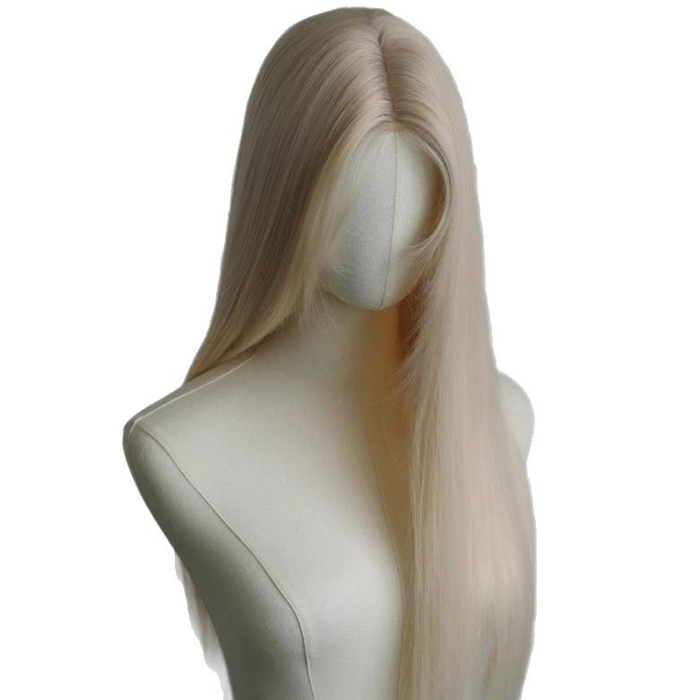 Female White Gold Color Forehead Lace Mid-length Golden Hair Blonde Long Straight Wig