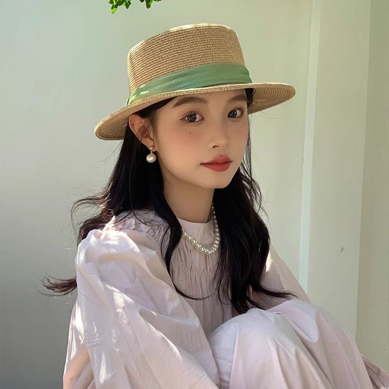 Hepburn Style French Flat Top Straw Curly Hair Summer Full Long Straight Wig