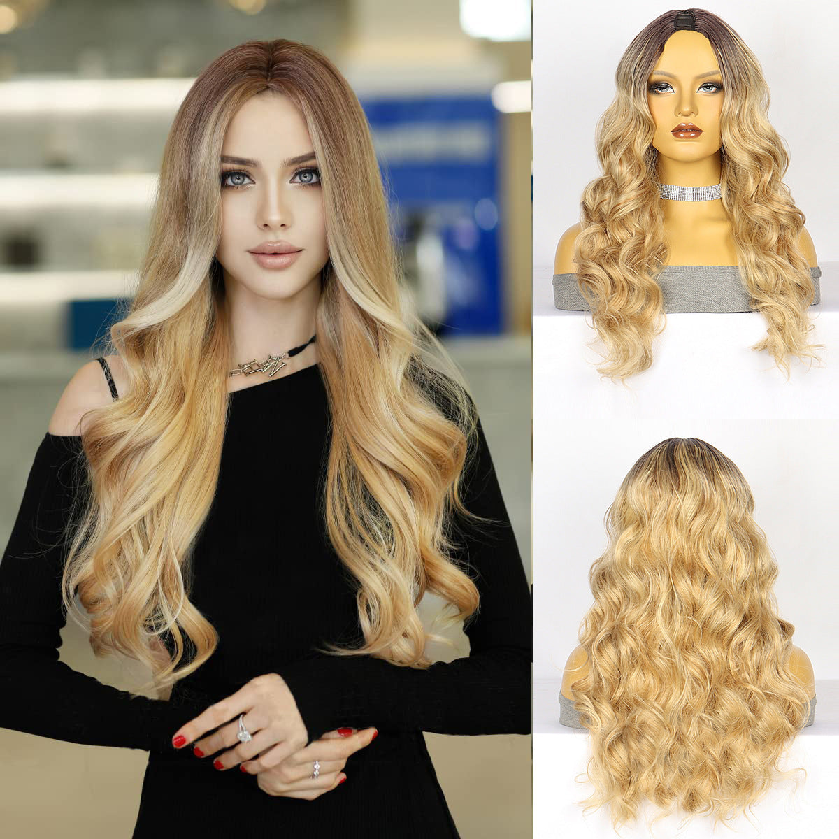 Female Gradient Gold Curly Popular Chemical Wig Long Curls