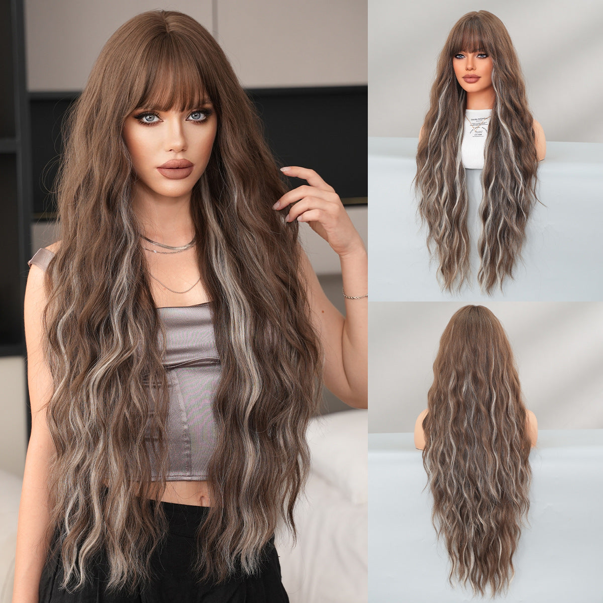 Hair Bangs Brown Dyed Gray Heat Wig Long Curls