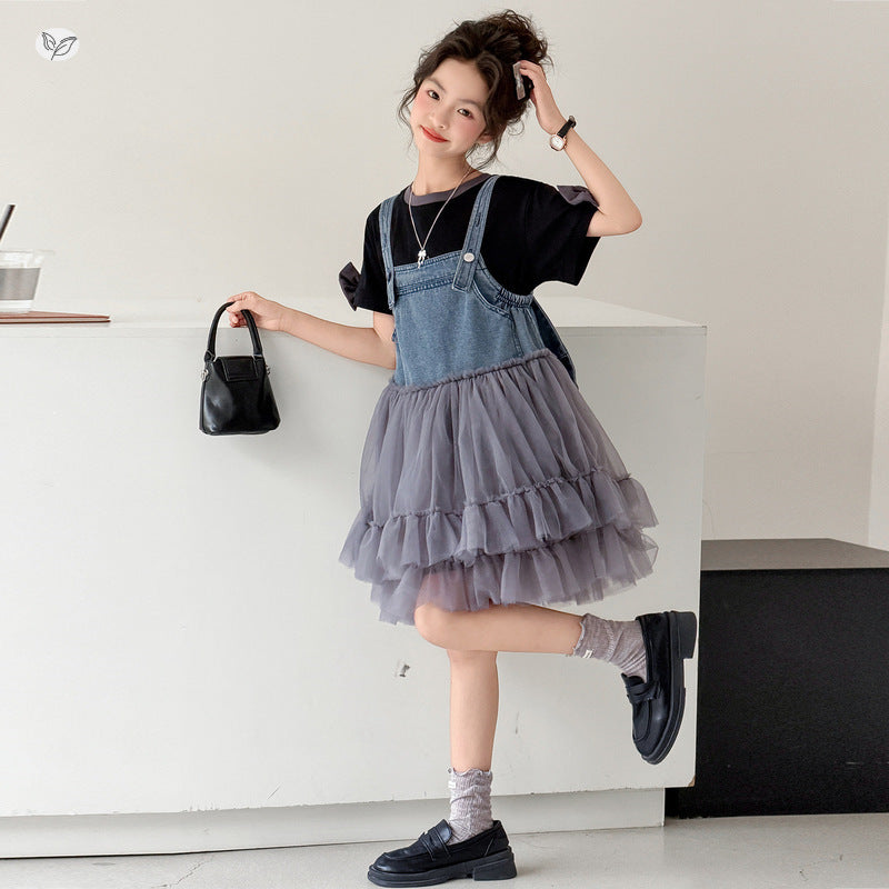 Sweet Denim Brace Yarn Skirt Short Sleeve Mesh Children's Suit