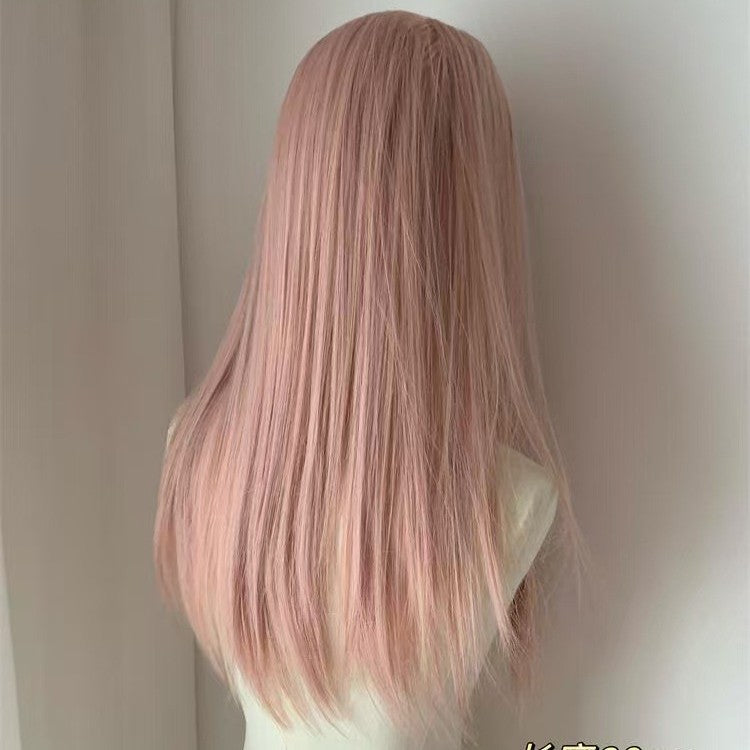Female Pink Gold Forehead Lace Hair Long Straight Wig