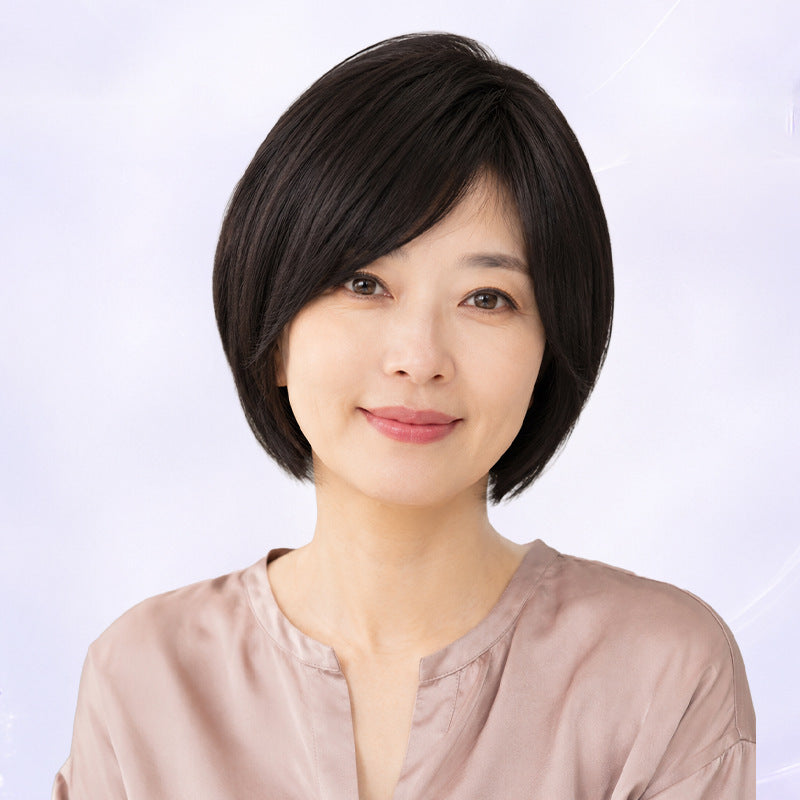 Women's Human Real Natural Lightweight Breathable Mom Wig Short Straight Hair