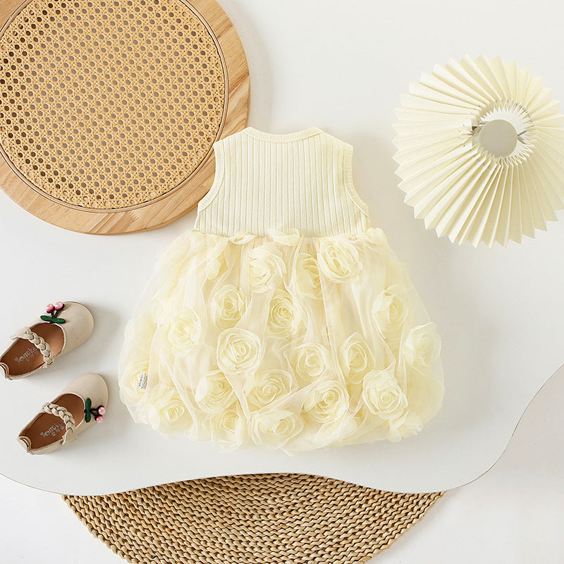 Children's Clothing Advanced Cream Color Rose Petals Bud Skirt Children's Dress