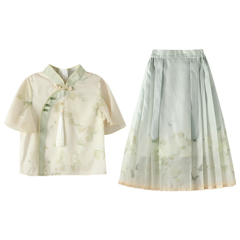 Chinese Style Traditional Short Sleeve Skirt Clothes Two-piece Woven Children's Suit