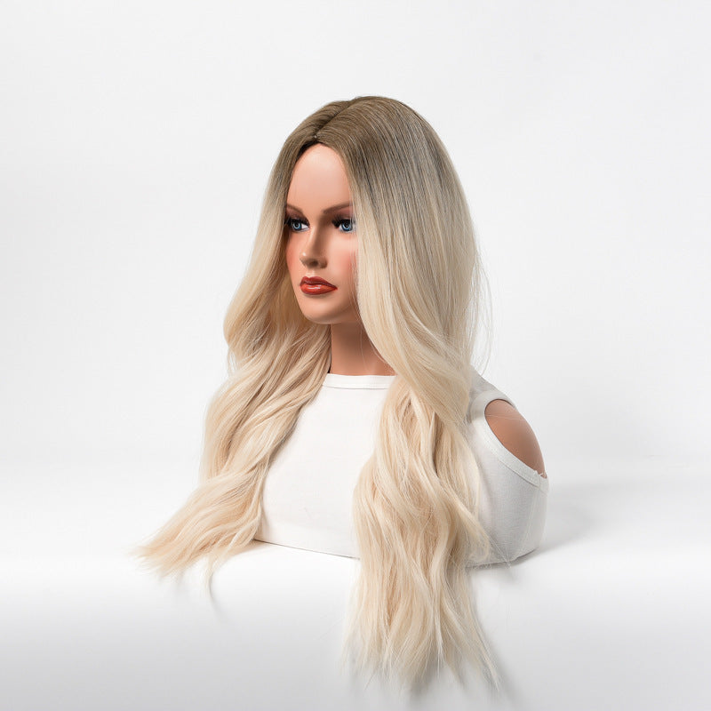 Women's Wavy Curly Hair Head Cover Golden Wig Long Curls