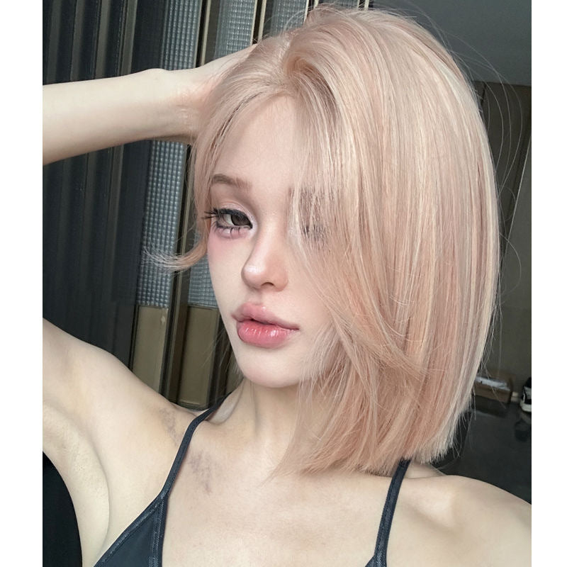 Pink Golden Shoulder Collarbone Summer Bangs Daily Wig Short Straight Hair