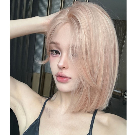 Pink Golden Shoulder Collarbone Summer Bangs Daily Wig Short Straight Hair