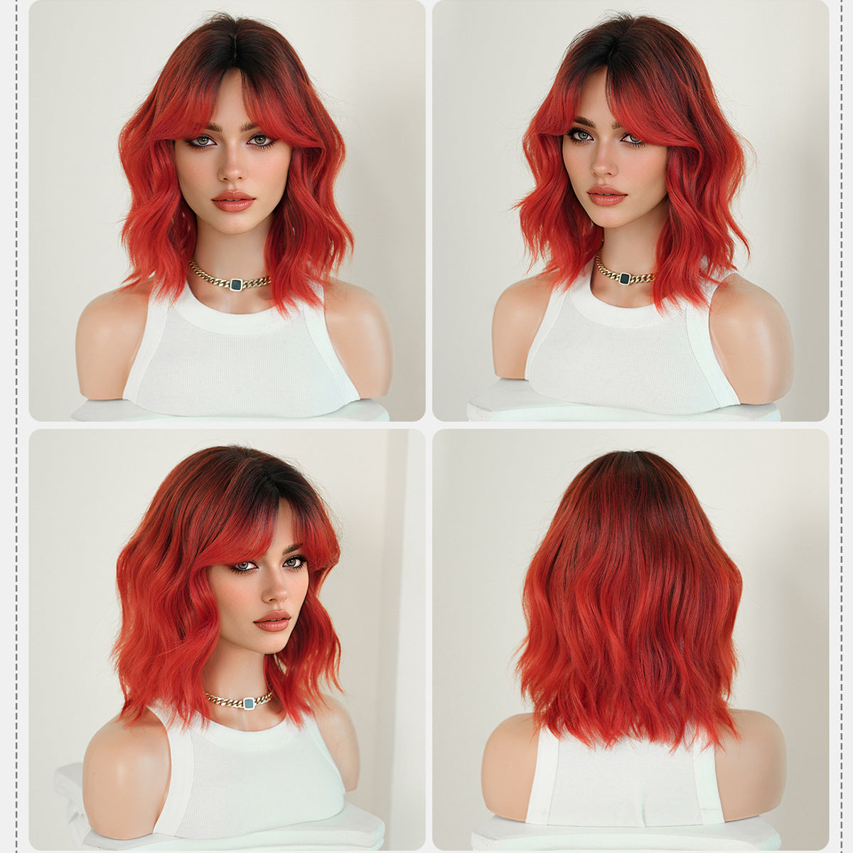 High Quality Female Red Bangs Short Wavy Curly Hair Chemical Wig Long Curls