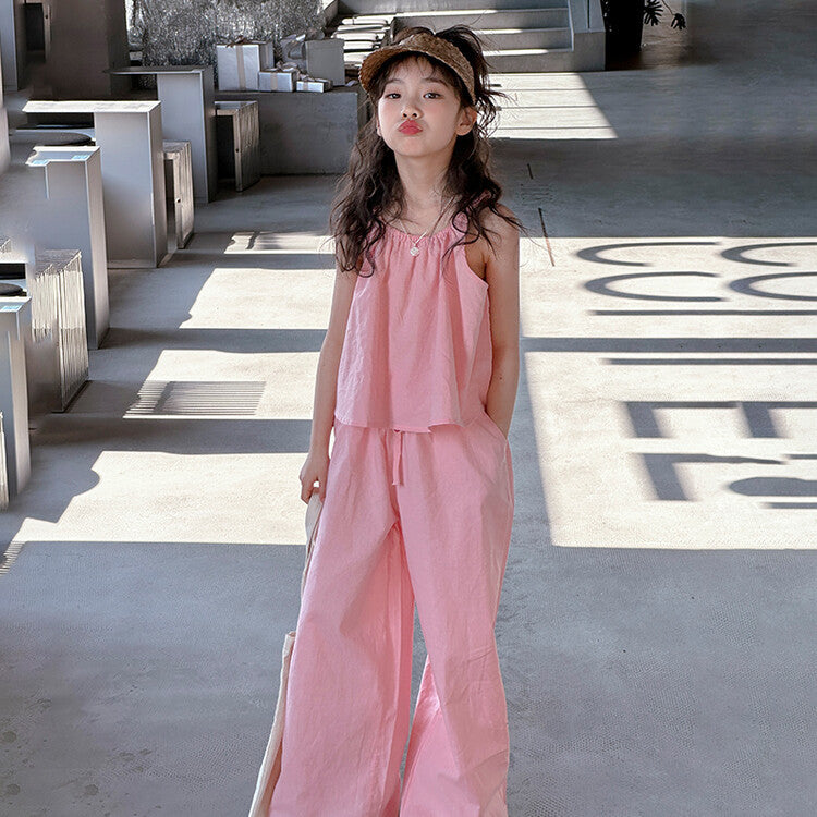 Summer Cotton Linen Sleeveless Pants Middle Big Korean Children's Suit