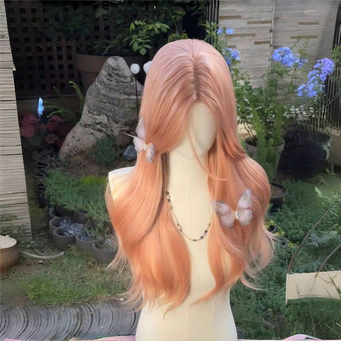 Head Cover Pink Female Curly Hair Big Wave Universal Bangs Wig Long Curls