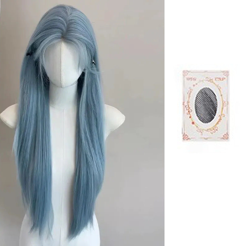 Glacier Forehead Lace Low Saturation Blue Female Long Straight Wig