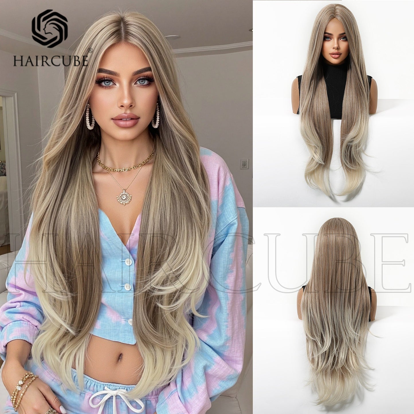 Gray White Gold Color Brown Head Long Straight Wig