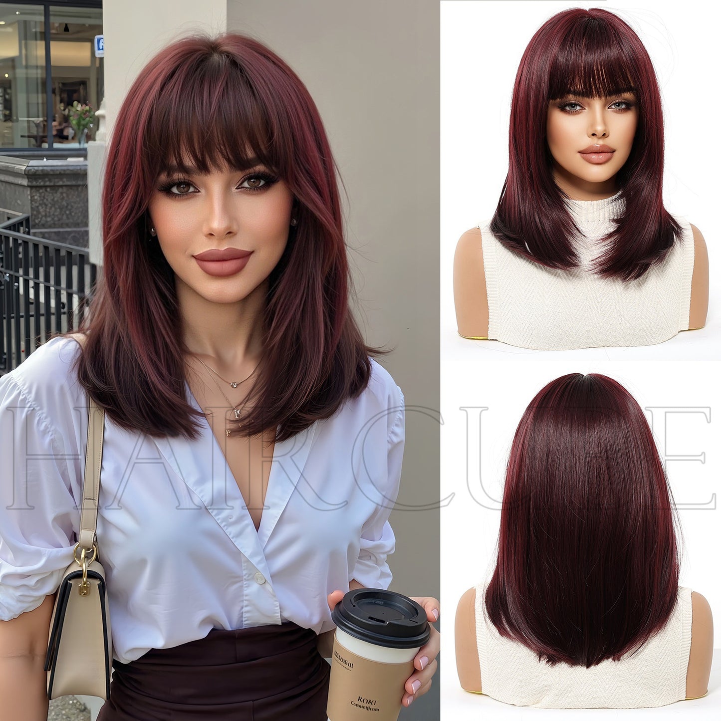Female Fiber Chemical Hair Bangs Brown Medium Long Straight Wig