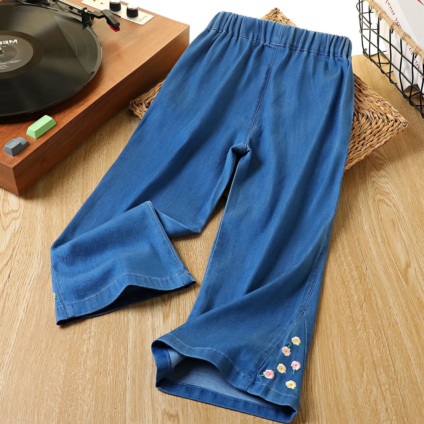 Children's Domestic Sales Denim Stitching Small Flower Embroidery Children's Pants