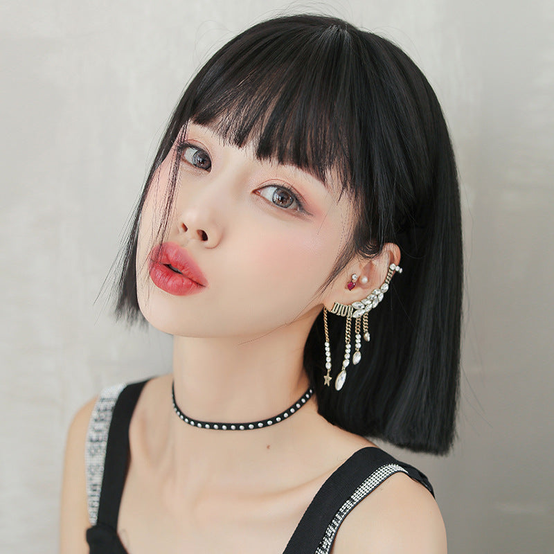 Women's Round Face Sheath Full Top Wig Short Straight Hair