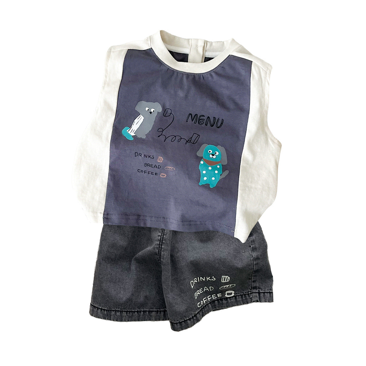 Children's Cartoon Stitching Vest Short Sleeve Ice Silk Denim Shorts Trendy Children's Suit