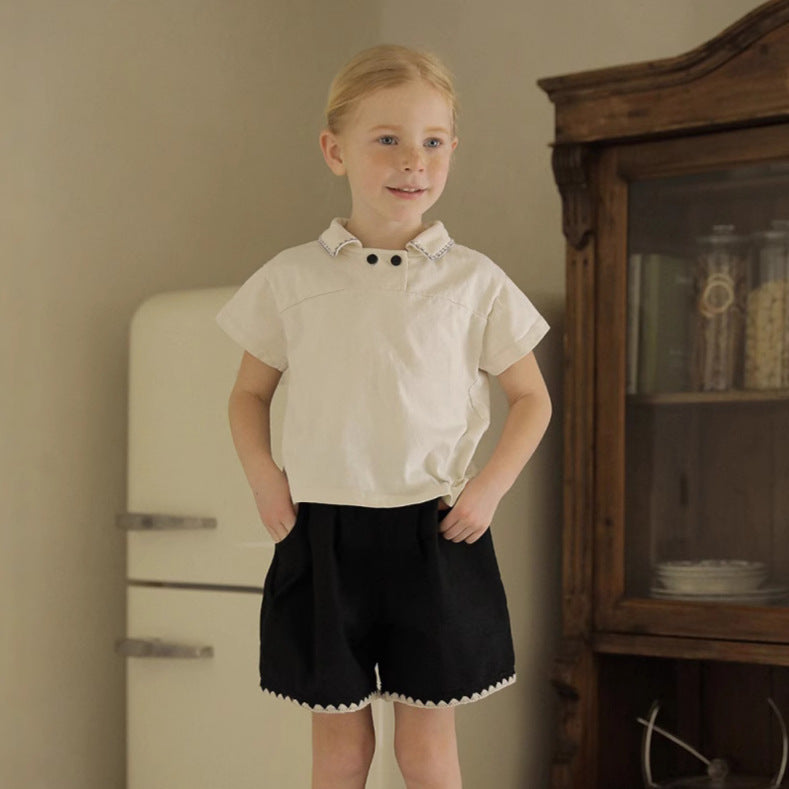 Style Graceful Embroidery Peter Pan Collar Short Sleeve Children's T-shirt