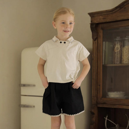 Style Graceful Embroidery Peter Pan Collar Short Sleeve Children's T-shirt