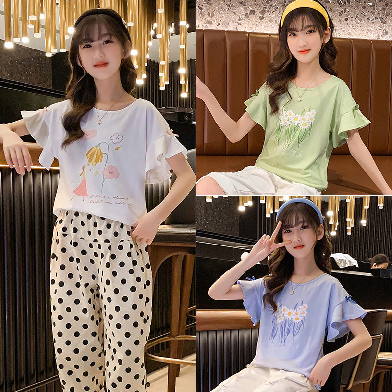 Ruffle Sleeve Flounced Printed Korean Style Stretch Cotton Children's T-shirt