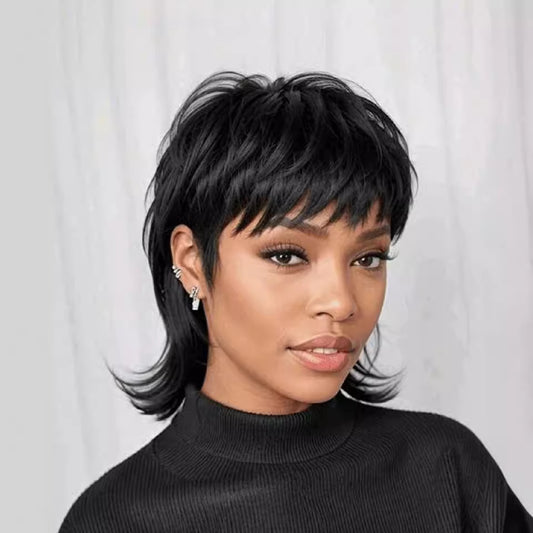 Head Cover Black Anchovy Shawl Broken Wig Short Straight Hair