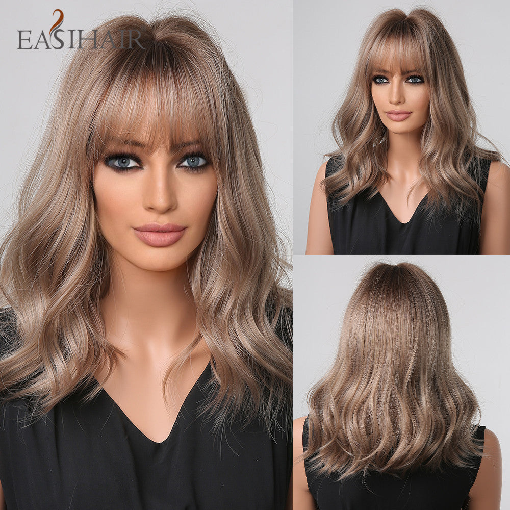 Female Gradient Color Collarbone Length Haircut Simulation Medium Wig Short Curly Hair