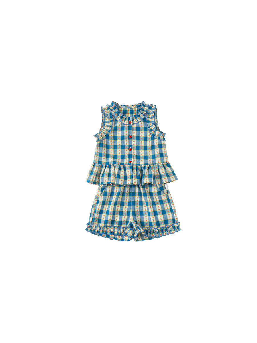 Women's & Children's Clothing Plaid Two-piece Sleeveless Top Sweet Lace Shorts Children's Suit