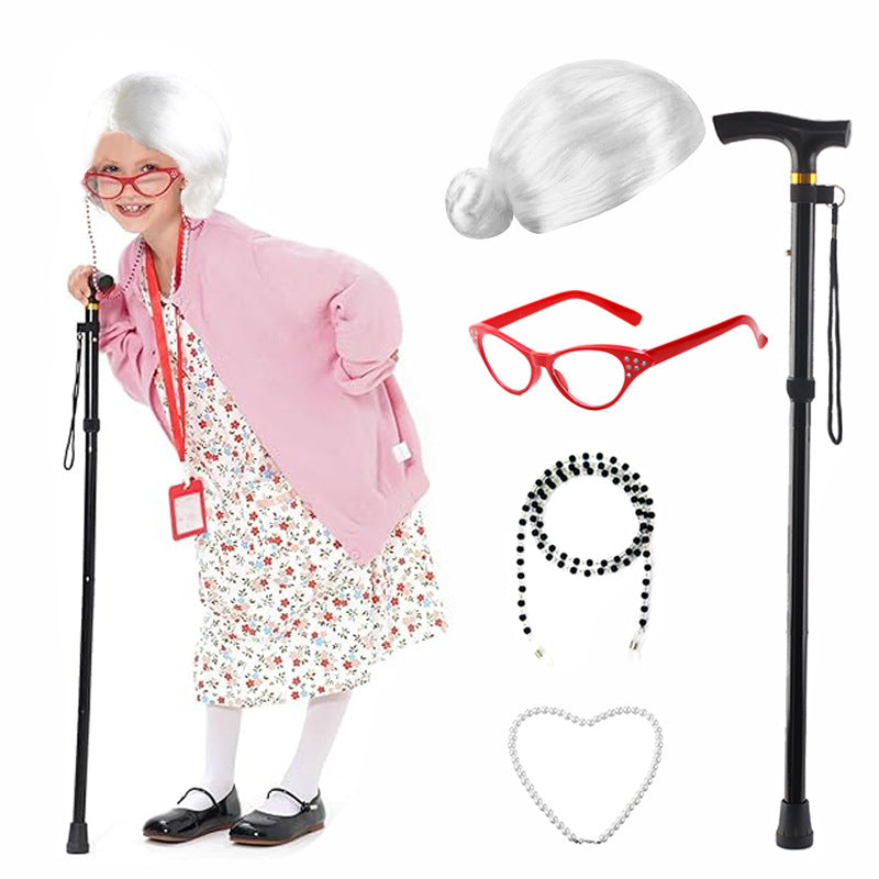 Props Watch Show Old Lady Grandma Flower White Curly Head Real Hair Wig