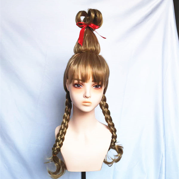 Graceful Christmas Golden Double Braid Female Cos Wig