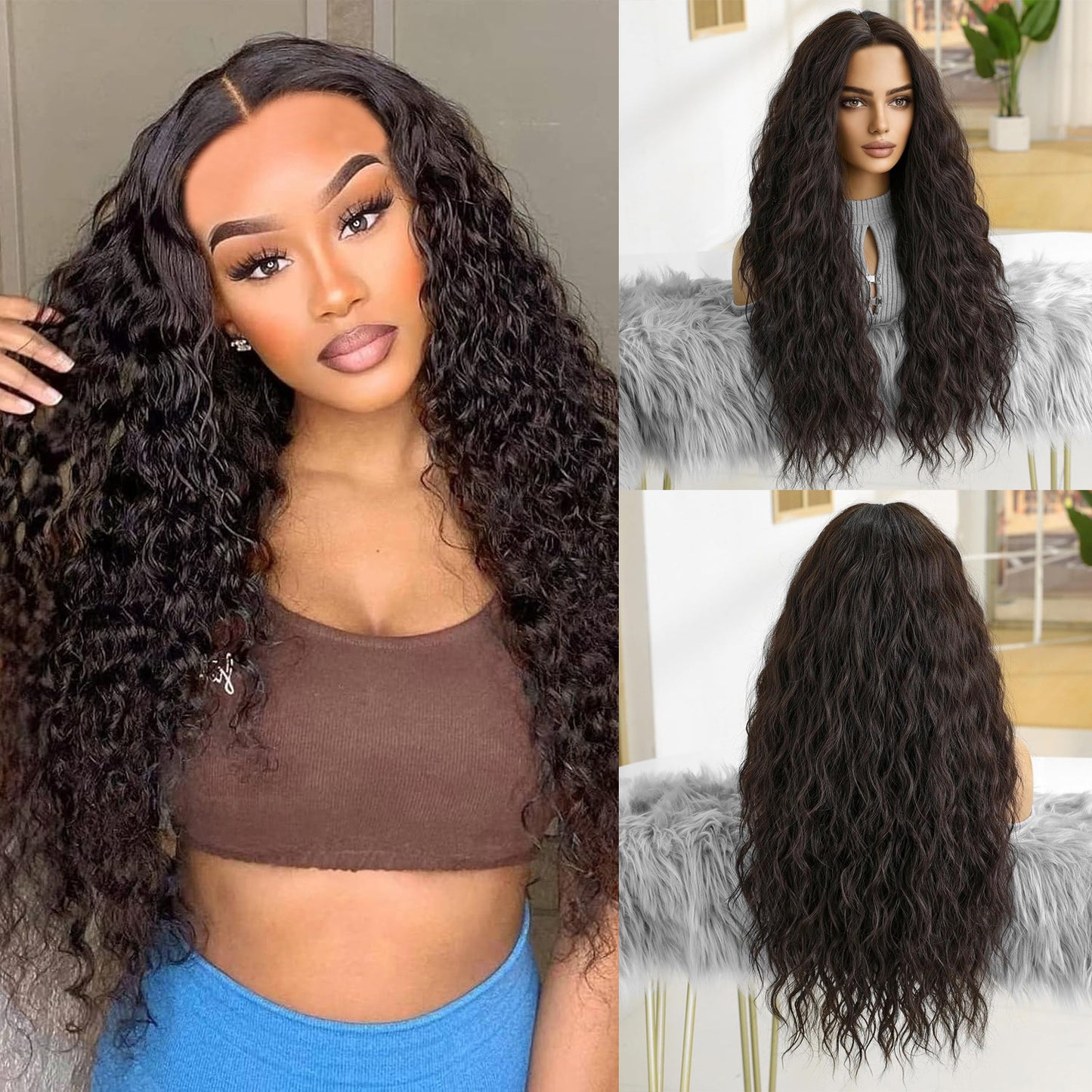 Women's For Small Black Curly Hair Fluffy Natural Seamless Replace Real Wig Long Curls