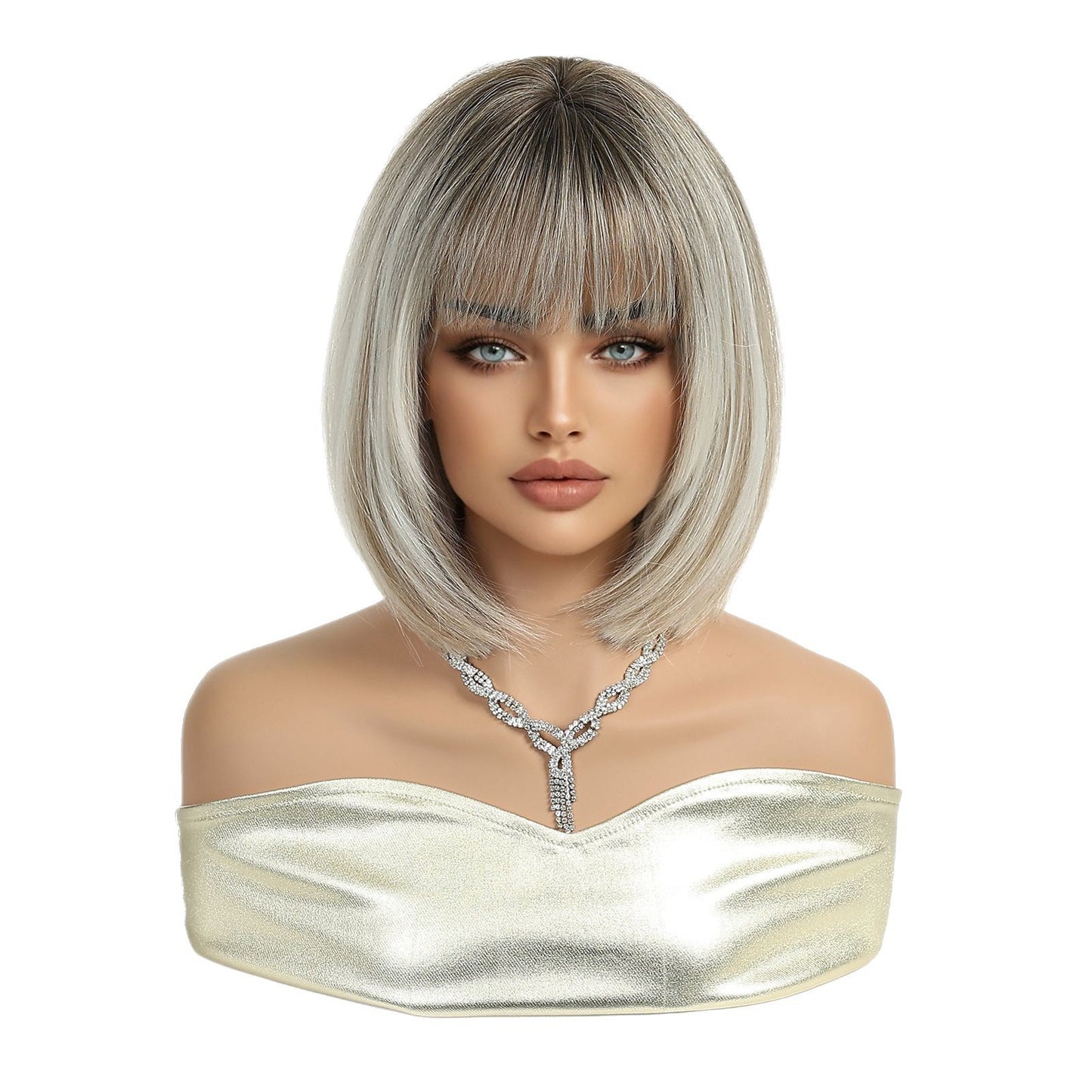 Bangs Gradient Gray White Fashion Female Wig Short Straight Hair
