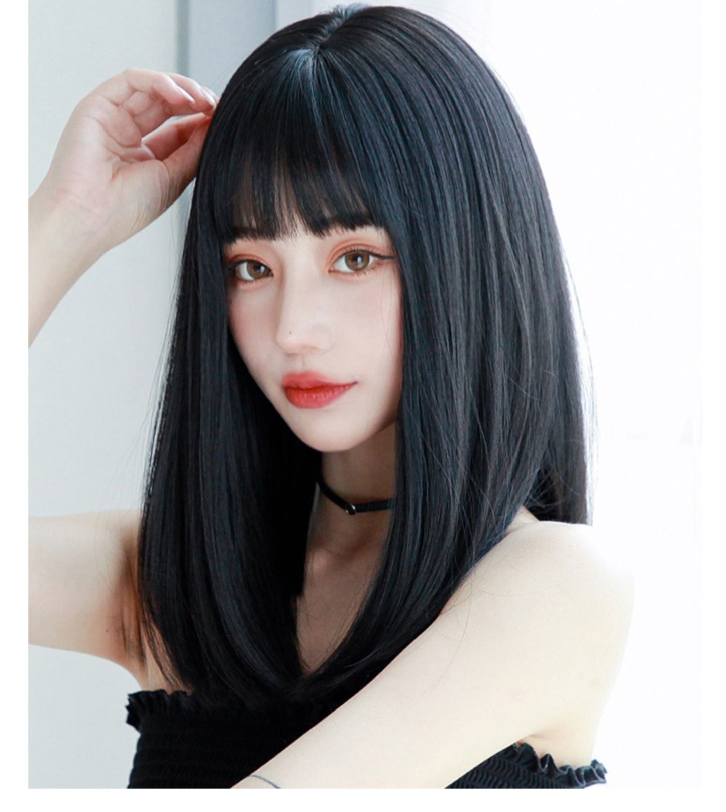 Women's Cartoon Bangs Natural Realistic Black Long Wig Short Straight Hair