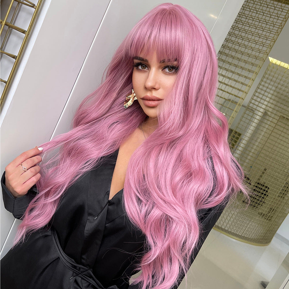 Women's Pink Wigs With Bangs Wave Synthetic Wig Long Curls