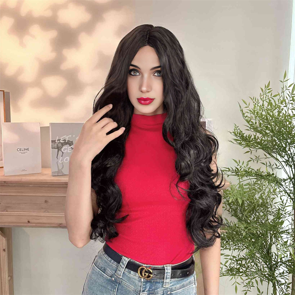 Women's Big Wave Mid-length Black Curly Head Wig Long Curls
