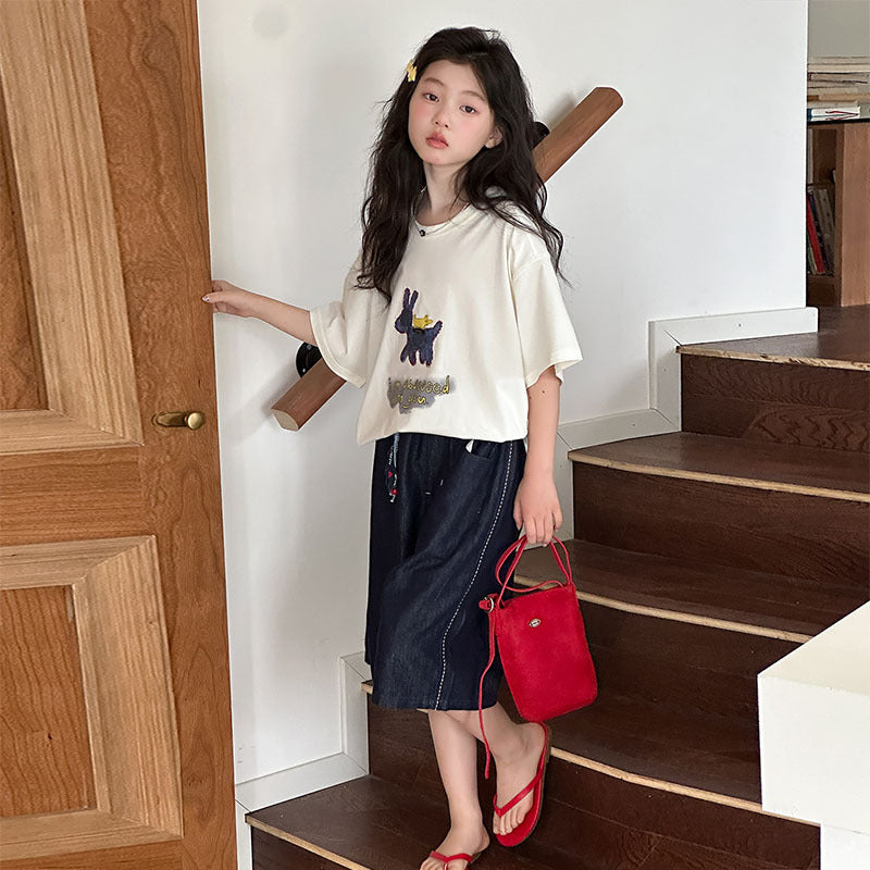 Korean Style T-shirt Light Sier Denim Cropped Pants Printed Short Children's Suit