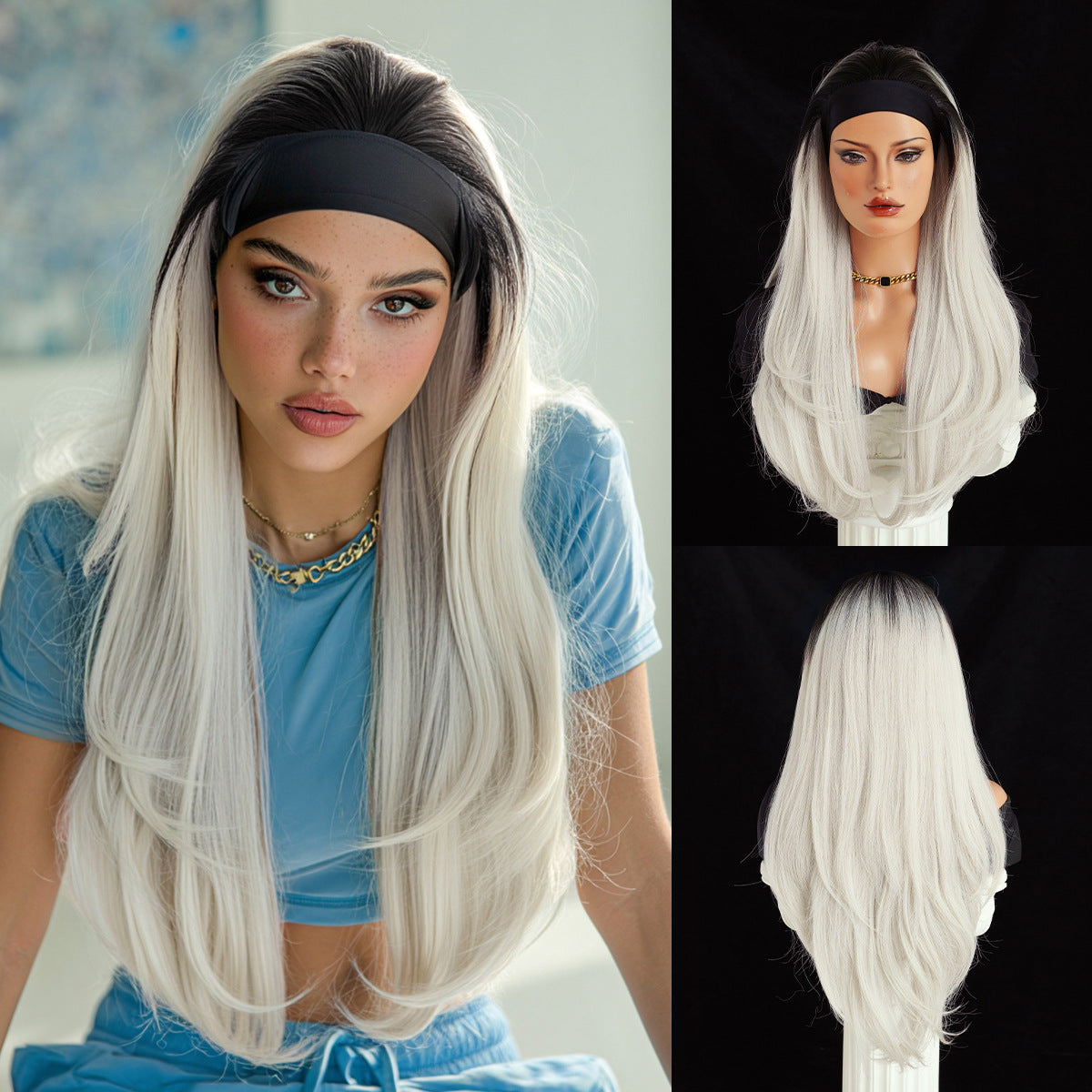 Women's Hot Wind Black Bandana Headband Layered Straight Hair Golden Brown Other Wig