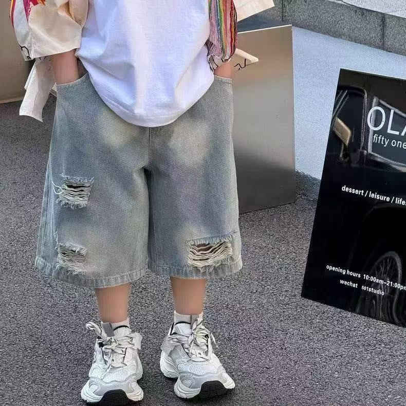 Children's Style Fashion Simple Loose Hole Jeans Children's Pants