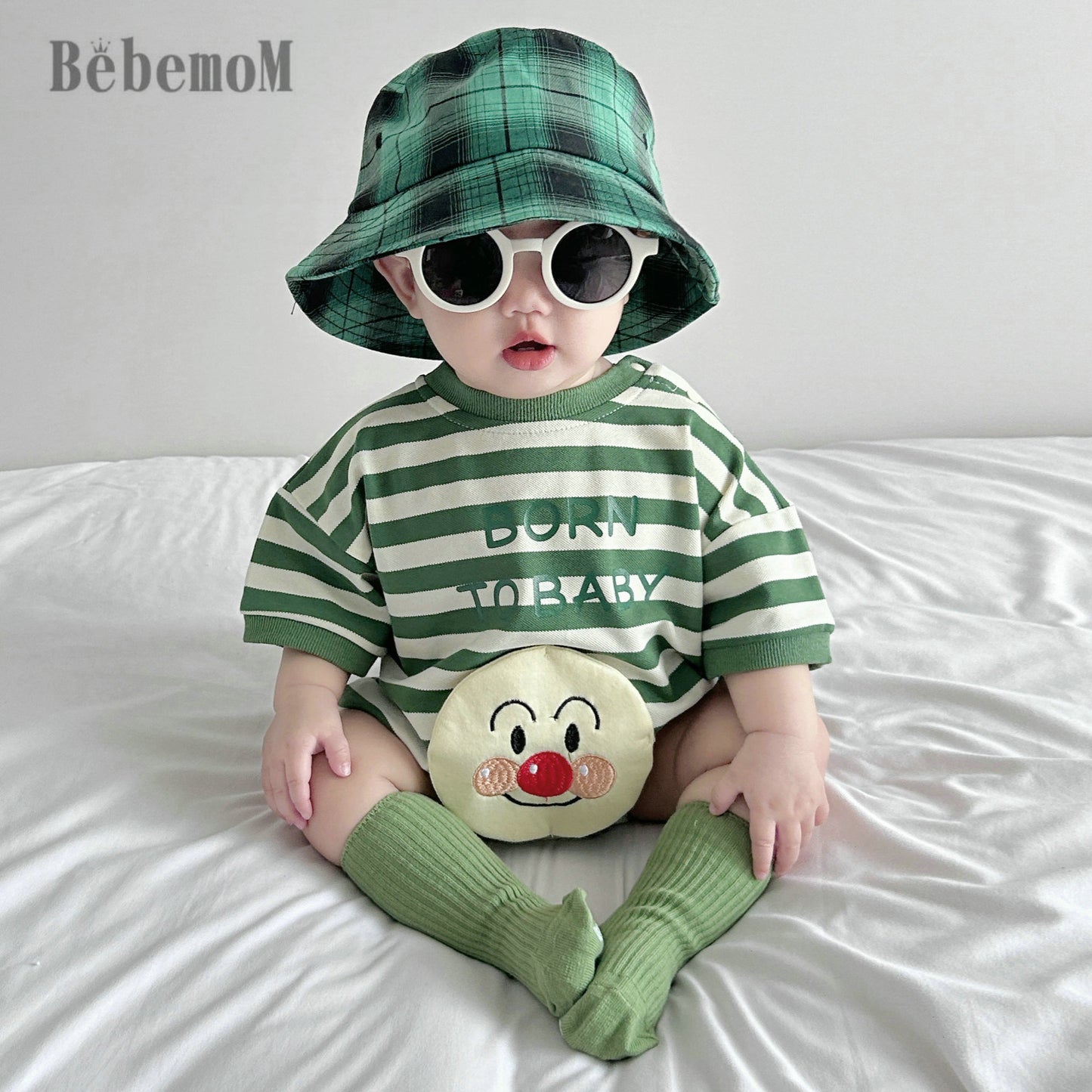 Women's & Men's Triangle Rompers Cotton Green Striped Smiley Jumpsuit, Climbing Suit