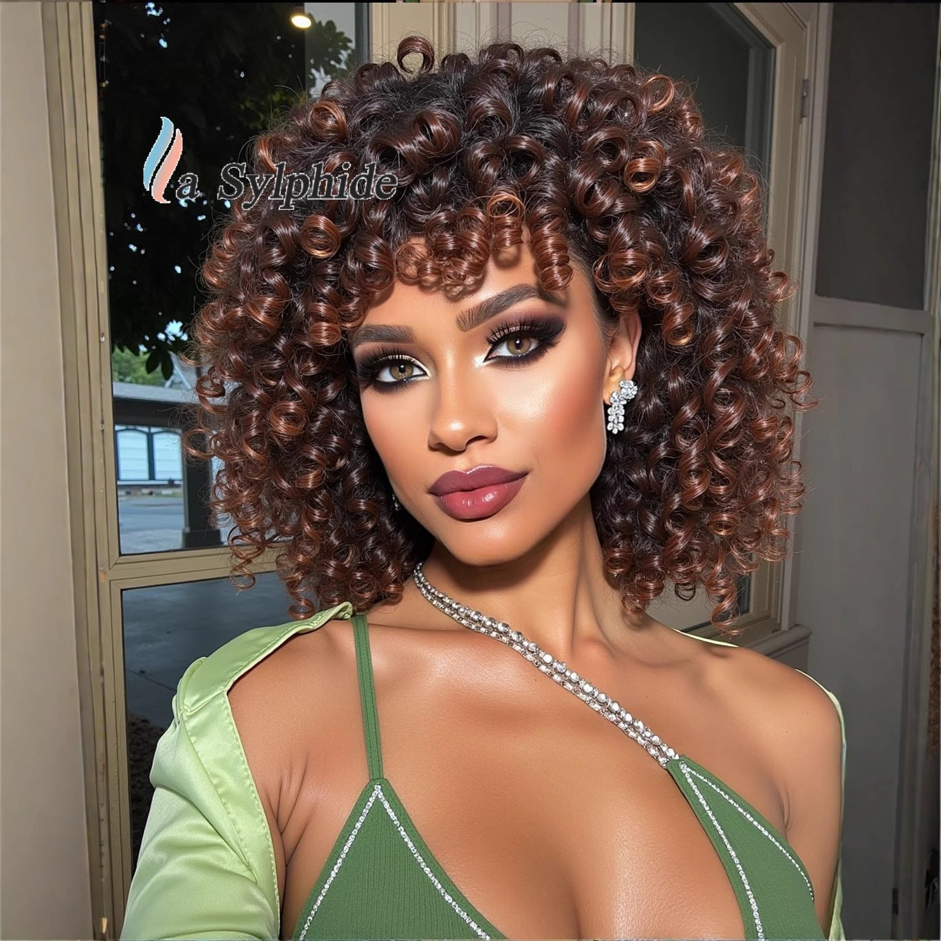 Bangs Orange Highlight Color Mixing Machine Wig Short Curly Hair