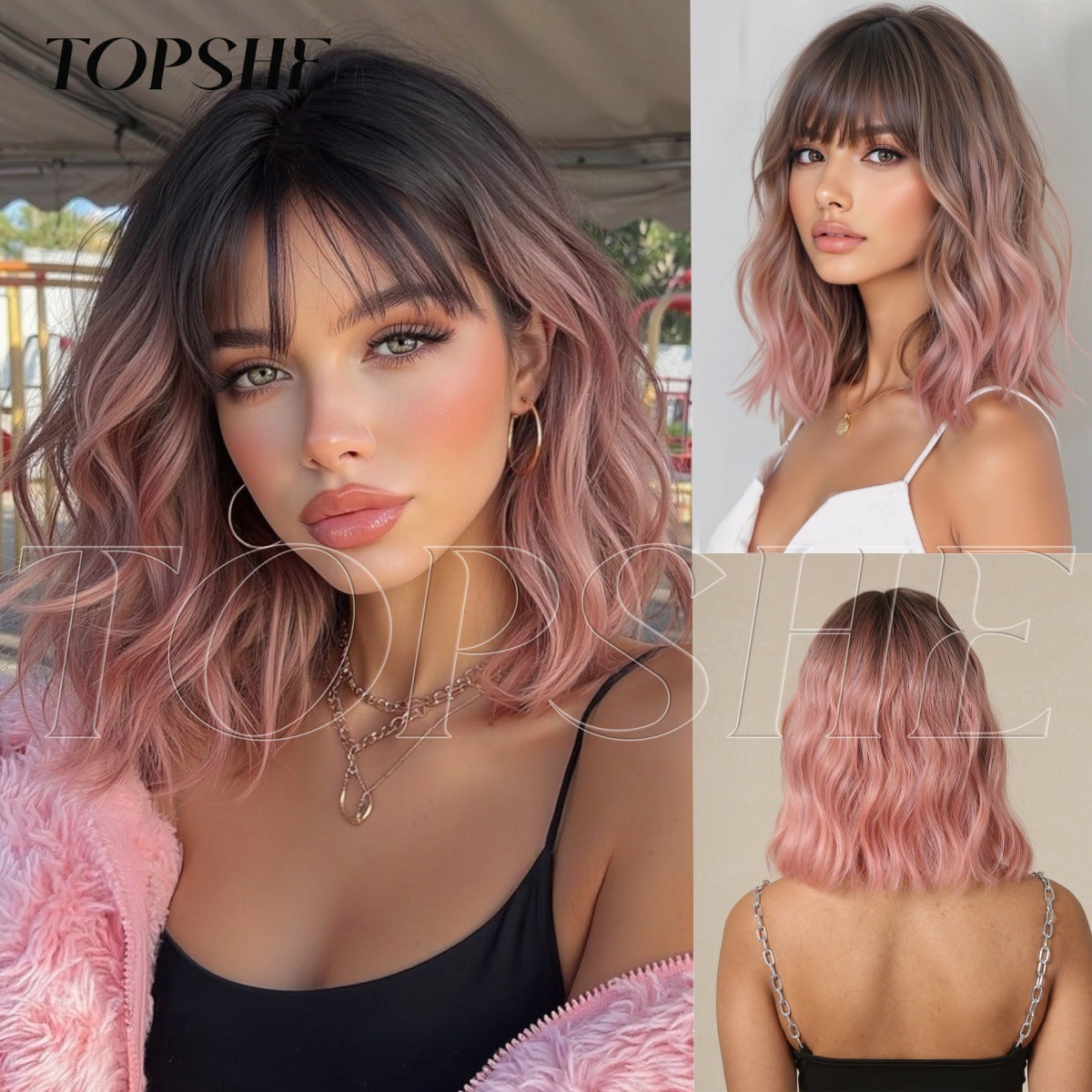 Beautiful Women's Gradually Varied Pink For Wig Short Curly Hair