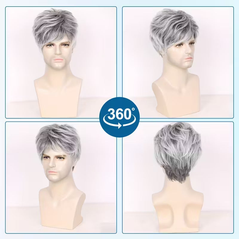 Men's White Split Short Straight Hair Synthetic Men's Wig
