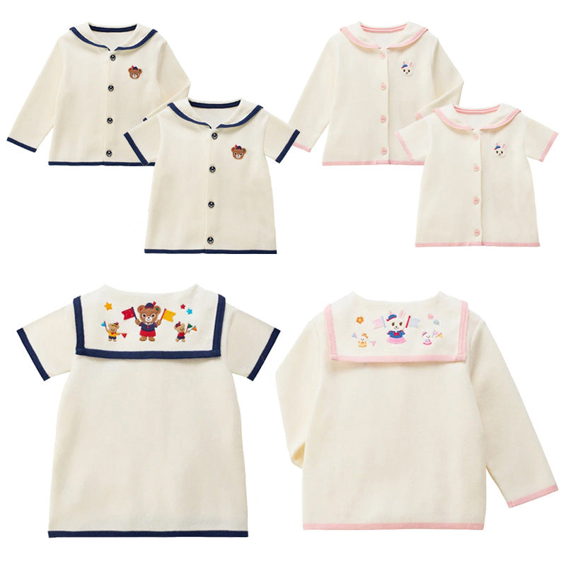 Children's Cartoon Bear Rabbit Embroidery Sailor Collar Long Sleeve Short Cute Children's Shirt