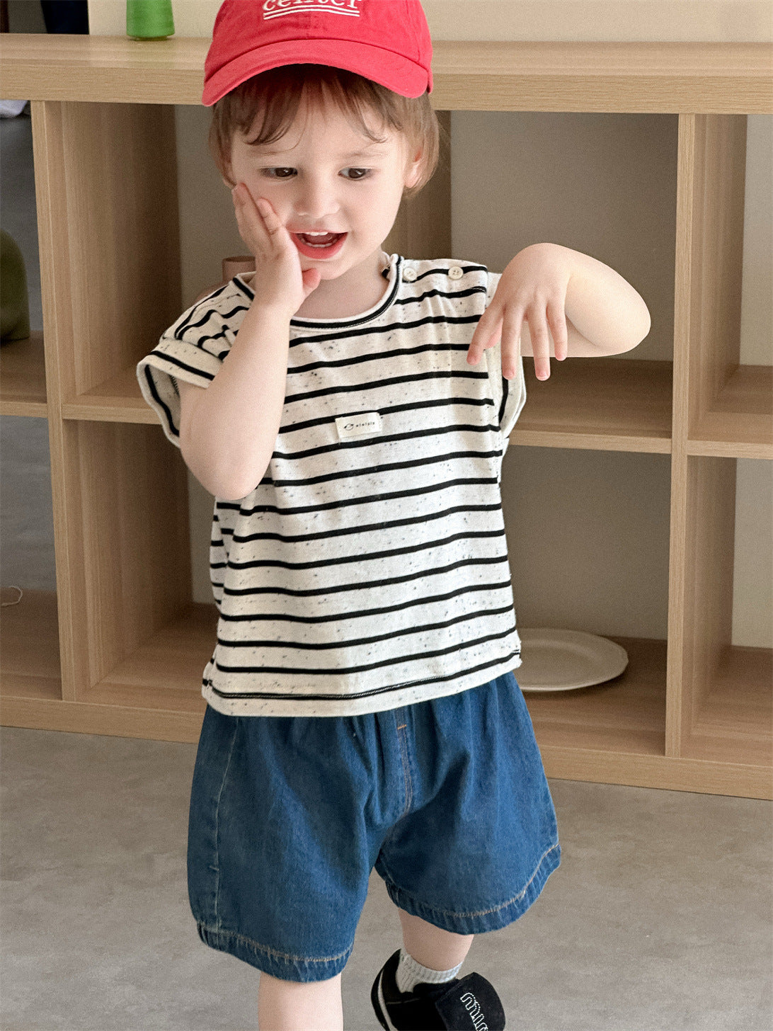 Children's Striped T-shirt Denim Shorts Summer Thin Korean Style Children's Suit
