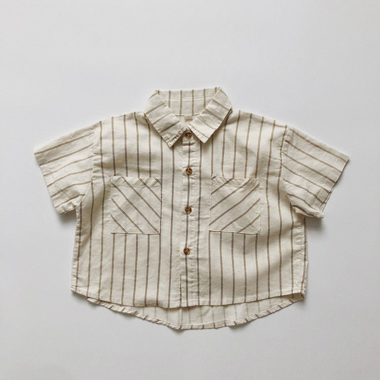 Children's Ramie Striped Short-sleeved Summer Boys Casual Children's Shirt