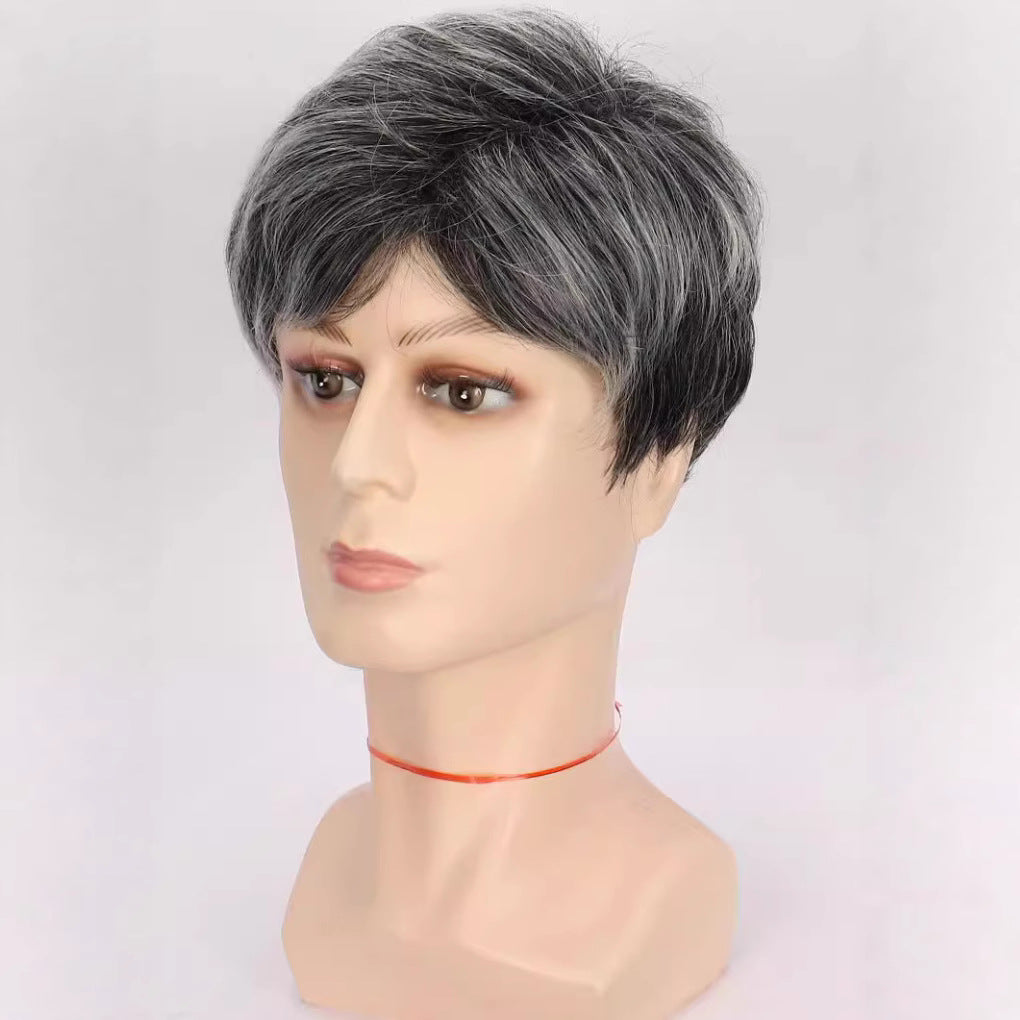 Men's Short Hair Curly Head Cover Fiber Rose Net Granny Men's Wig